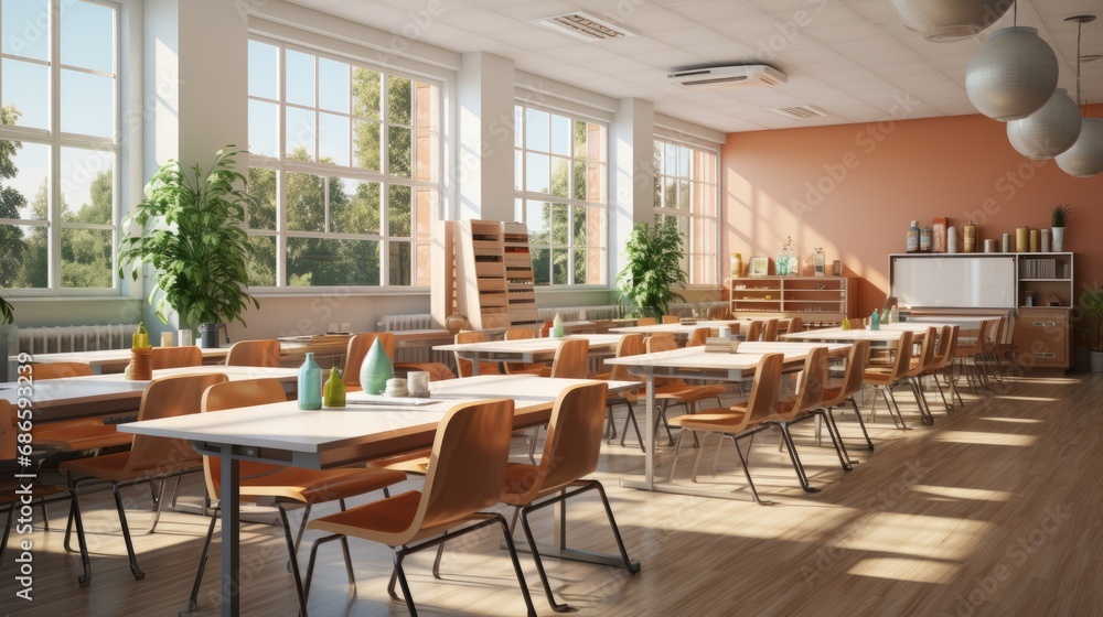 Interior of clean bright classroom in modern school or college. Spacious room with pink walls, many desks, chairs, visual aids, bookshelves, indoor plants, large windows. Empty classroom.