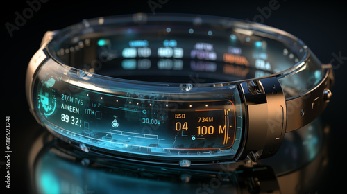 Modern smart watch with blue display on black background. 3D rendering photo