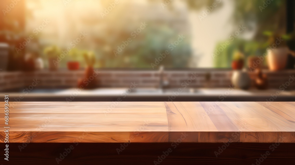 Wooden table top on blur kitchen counter in blur kitchen with blur kitchen background kitchen room Wooden table top on blur kitchen counter in blur kitchen with blur kitchen background kitchen room