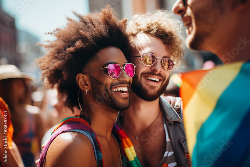 Lovely laughing male gay couple having fun at the LGBTQI pride parade photo