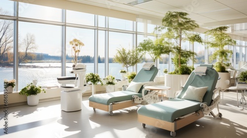 Relaxation room in modern hospital with comfortable wheeled armchairs. Cozy, bright, comfortable premises in modern clinic with indoor plants, where patients can relax or chat with visiting relatives.