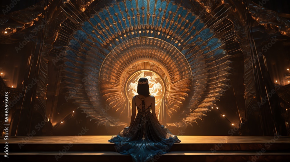 View from the back, egyptian woman queen standing inside the Pyramid. Fantasy background. AI generated image - obrazy, fototapety, plakaty 