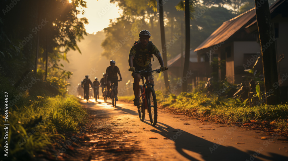 Group of Asian cyclists, they cycle through rural and forest roads in the morning Group of Asian cyclists, they cycle through rural and forest roads in the morning