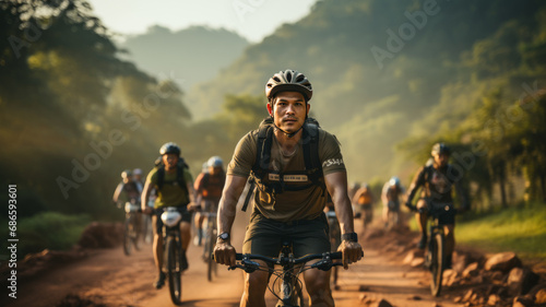 Group of Asian cyclists, they cycle through rural and forest roads in the morning