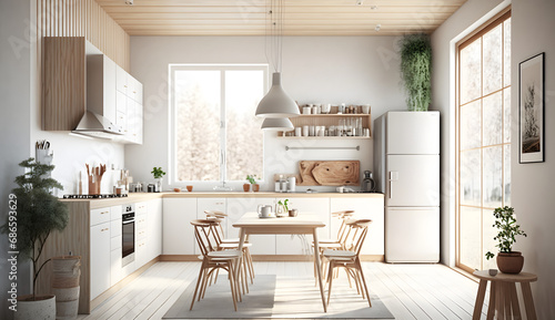 Minimalist Scandinavian Kitchen with Wood Accent. generative ai. © raza