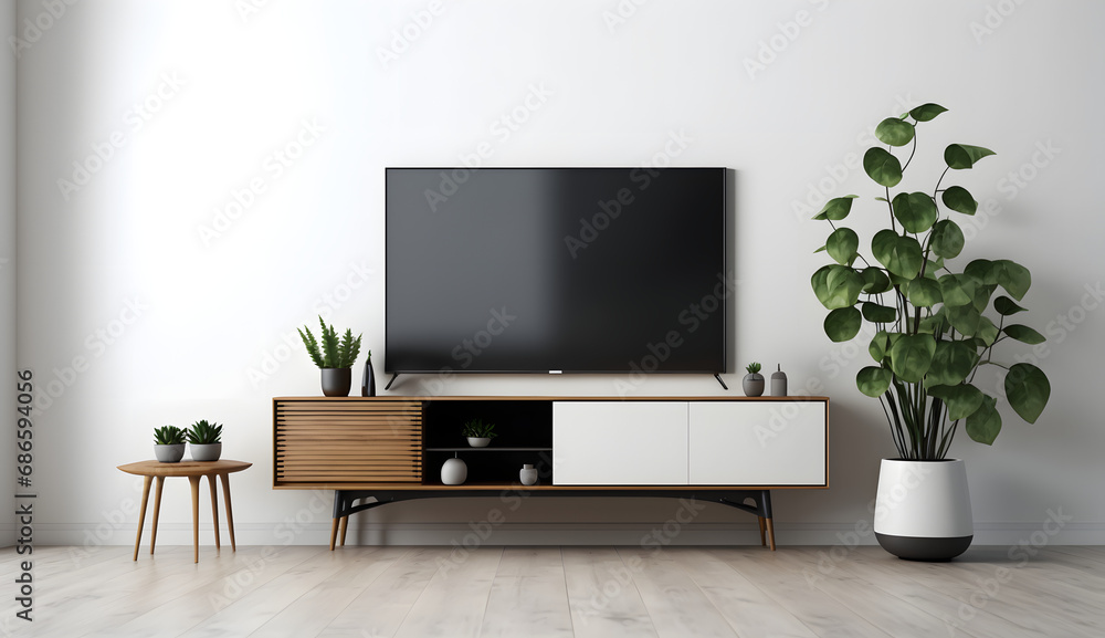 Television put on tv stand wood table, in minimal empty space livingroom room background white wall. generative ai. Television put on tv stand wood table, in minimal empty space livingroom room background white wall. generative ai.
