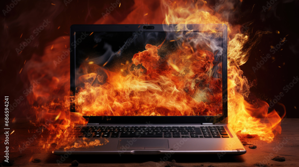 Burning laptop and keyboard, equipment fire due to faulty battery and