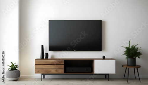 Television put on tv stand wood table  in minimal empty space livingroom room background white wall. generative ai.