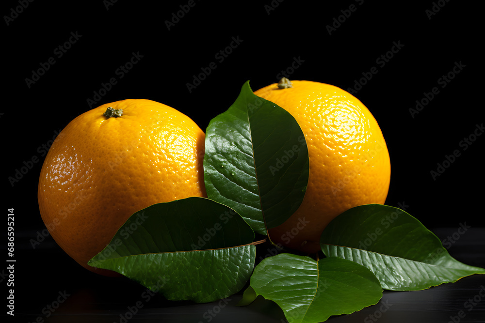 Two Oranges on a black background. Closeup shot of Oranges with green leaves on a black background.