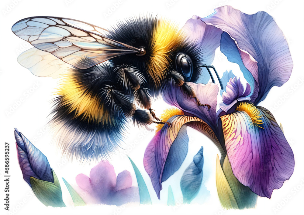 Watercolor illustration of fluffy bee on violet iris flower. Design for card, invitation, spring events, storybook for kids. Cute and soft bumblebee - obrazy, fototapety, plakaty 