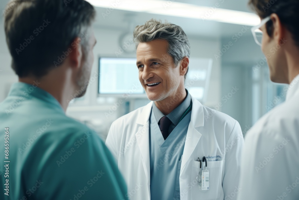 Mature male Caucasian doctor in white medical coat talking to his colleagues in medical facility. A team of experienced clinicians discusses the patient's examination results and treatment options. Mature male Caucasian doctor in white medical coat talking to his colleagues in medical facility. A team of experienced clinicians discusses the patient's examination results and treatment options.