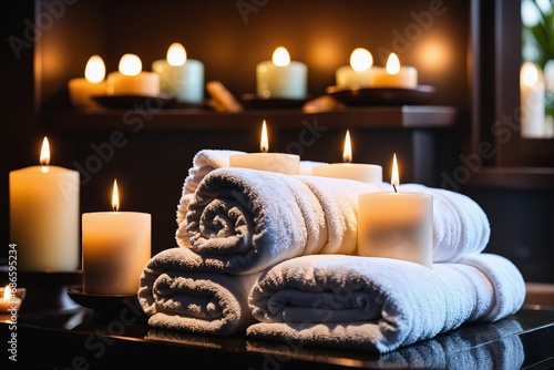 Wohlfühlen pur: Nahaufnahme von flauschigen Handtüchern und duftenden Kerzen in einem Spa-Setting, vermittelt die taktilen und aromatischen Elemente einer entspannenden Selbstpflege-Routine.