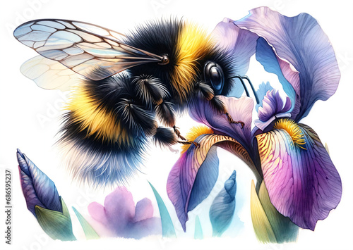 Watercolor illustration of fluffy bee on violet iris flower. Design for card, invitation, spring events, storybook for kids. Cute and soft bumblebee photo