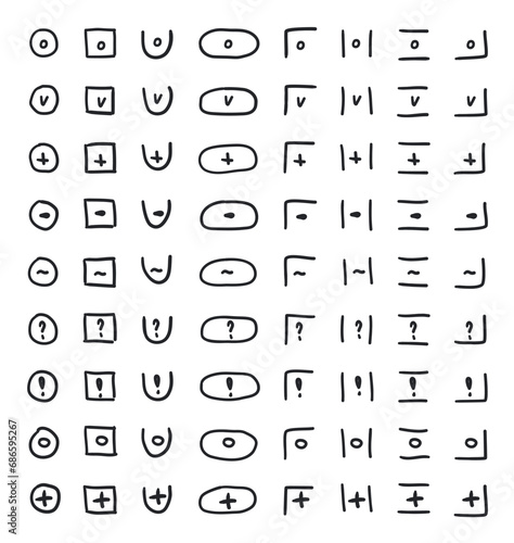 Doodle checkmarks and crosses. Empty and filled boxes for answers in test, confirmation or negation icons. Checklist pencil marks template, vector voting isolated set