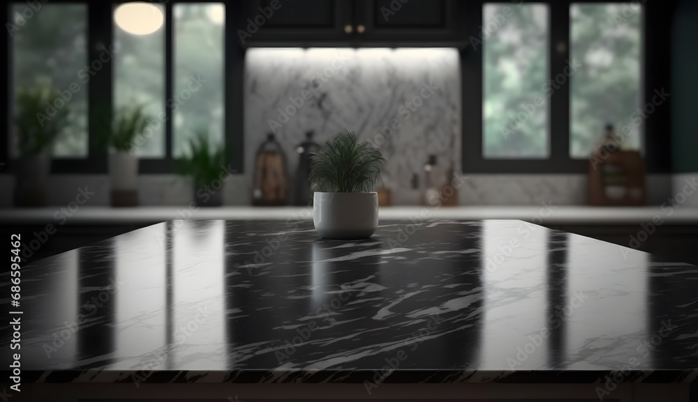 Modern empty dark marble table top or kitchen island on blurry bokeh kitchen room interior background. for montage product display. generative ai. - obrazy, fototapety, plakaty 