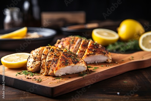 Close-up grilled chicken breast with spice on a cutting board photo