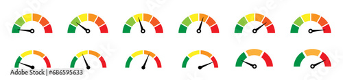 Risk meter icon set. Risk concept on speedometer. Set of gauges from low to high.  Vector illustration. photo