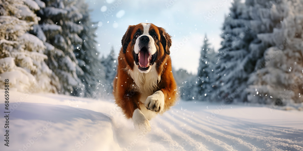 A cute happy St. Bernard dog on running, jumping in the deep snow, daytime in a road in the winter woods.
