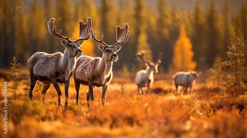 Reindeer peacefully grazing in a sunlit meadow surrounded by Lapland's golden autumnal colors