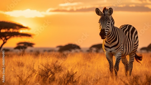 A zebra grazing in the golden light of the African savannah © MAY