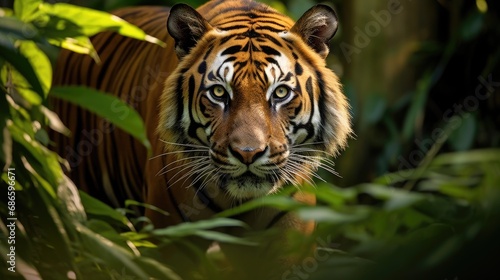 A magnificent Bengal tiger prowling through a dense jungle © MAY