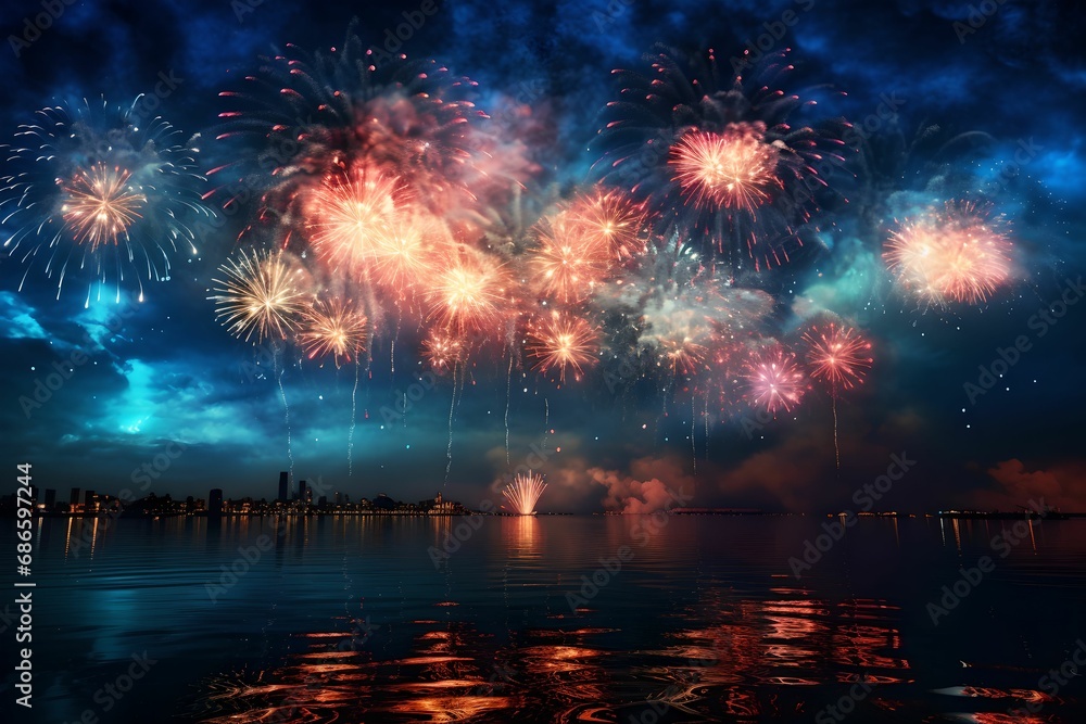 Mesmerizing Fireworks Against Dark Sky, Display, Celebration, Explosive, Festive