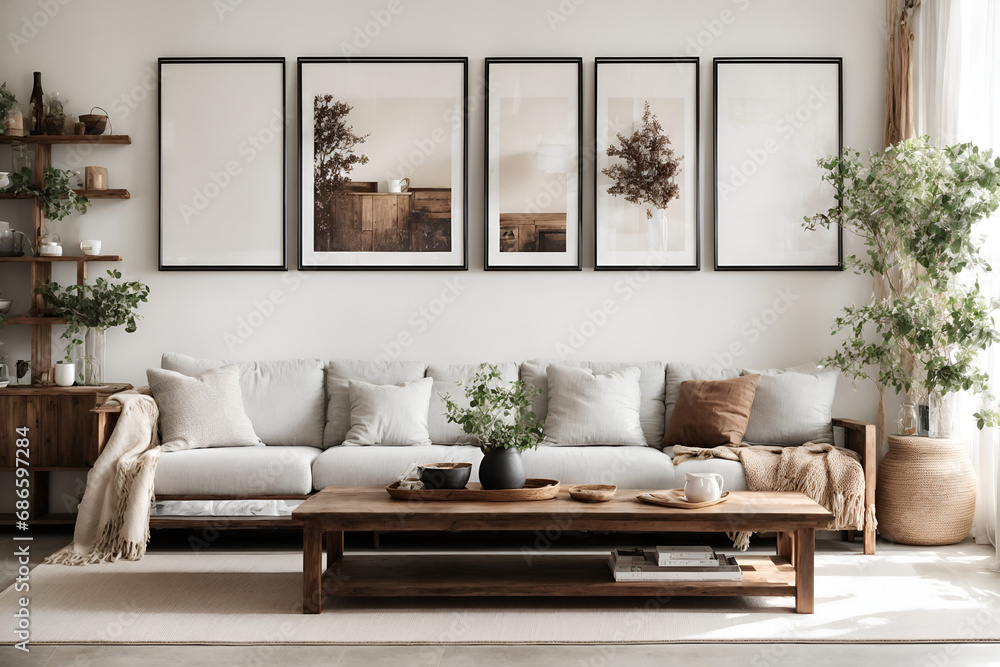 Naklejka premium Rectangular coffee table near white sofa and rustic cabinets on white wall with empty poster frames with copy space. Japanese interior design of a modern living room - Generated with AI
