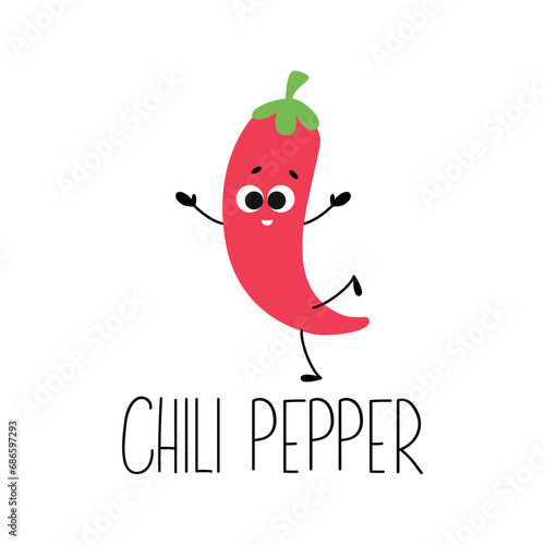 Cartoon cute character of chili pepper for kids. Learn vegetable card with name. Vector