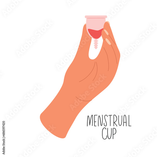 Woman Hand holding menstrual cup with blood. Zero waste menstrual cups in hands. Protection in critical days.