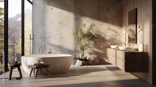 Interior of modern bathroom in luxury eco-style cottage. Concrete-textured walls, freestanding bathtub, wall cabinet with countertop sink, indoor plants, large panoramic window with picturesque view.