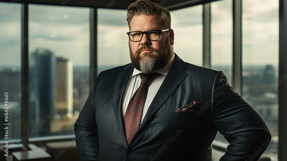 Serious Businessman with Elegance, Plus-Size, Suit, Pasel Background, Formal