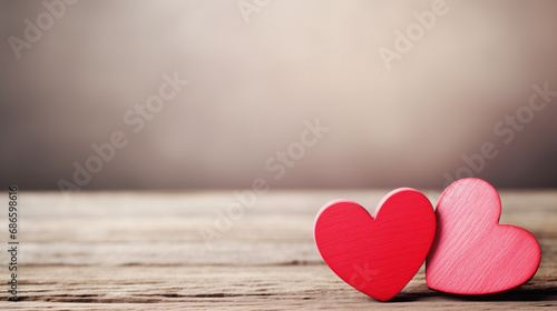 Cozy Valentine's Day Setting with Red Hearts on Rustic Wooden Background

