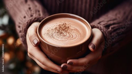 Female hands holding a cup of hot chocolate, close-up.