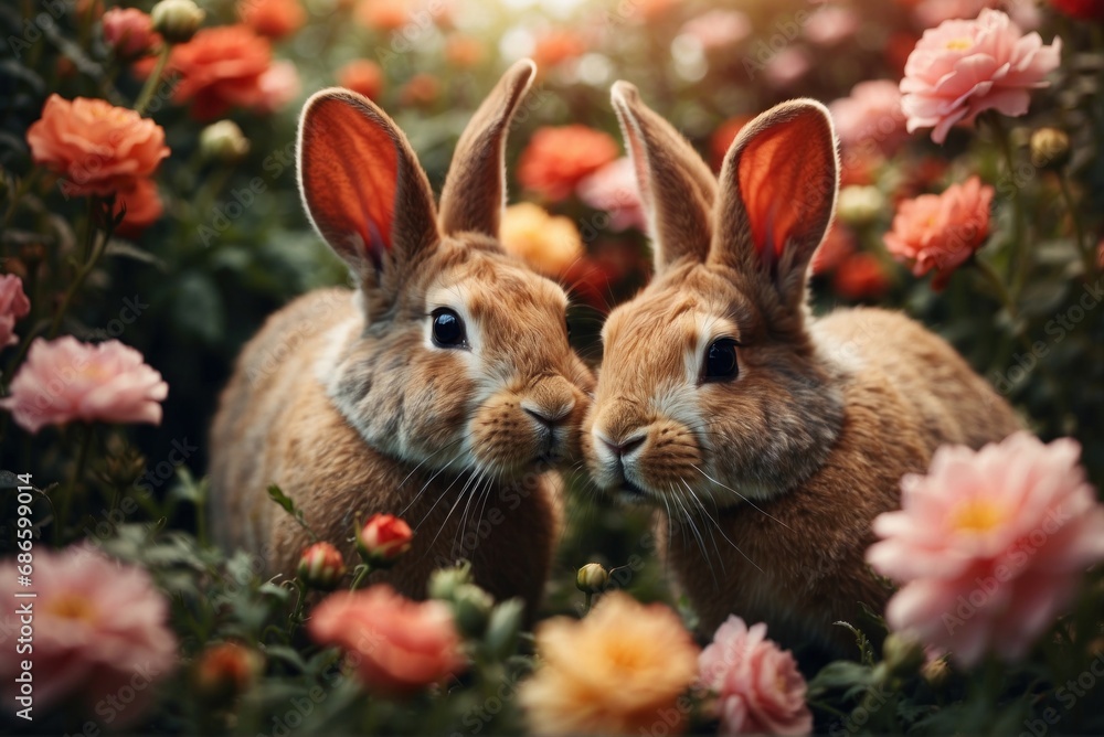Two cute bunnies kiss in flowers. AI generated Two cute bunnies kiss in flowers. AI generated
