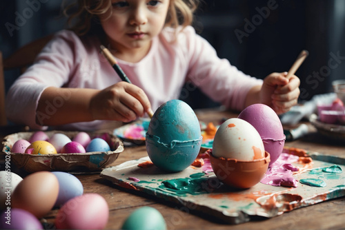 Child painting Easter eggs. AI generated