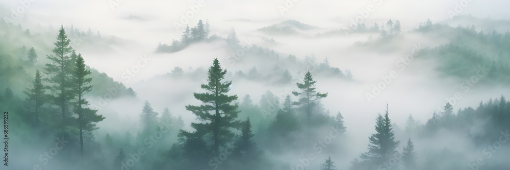 Mist in the Forest. Top View Watercolor Painting of Fog-Covered Evergreen Trees. Banner Illustration.