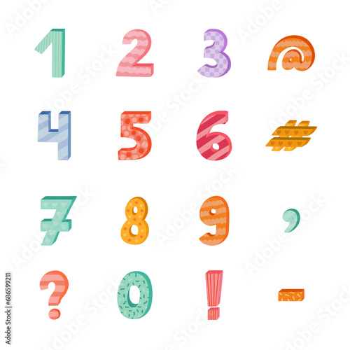 Cute funky 3d number set with memphis decoration. Patterned bold symbols with shadow. Funny numbers and punctuation marks for book cover, logotype, design template, poster, banner, greeting card.
