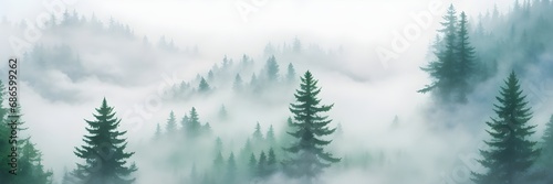Misty Pine Grove. Top View Watercolor Painting of Fog-Covered Evergreen Trees. Banner Illustration.