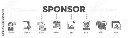 Sponsor infographic icon flow process which consists of film, sport, event, music, art, benefit, project, support icon live stroke and easy to edit 