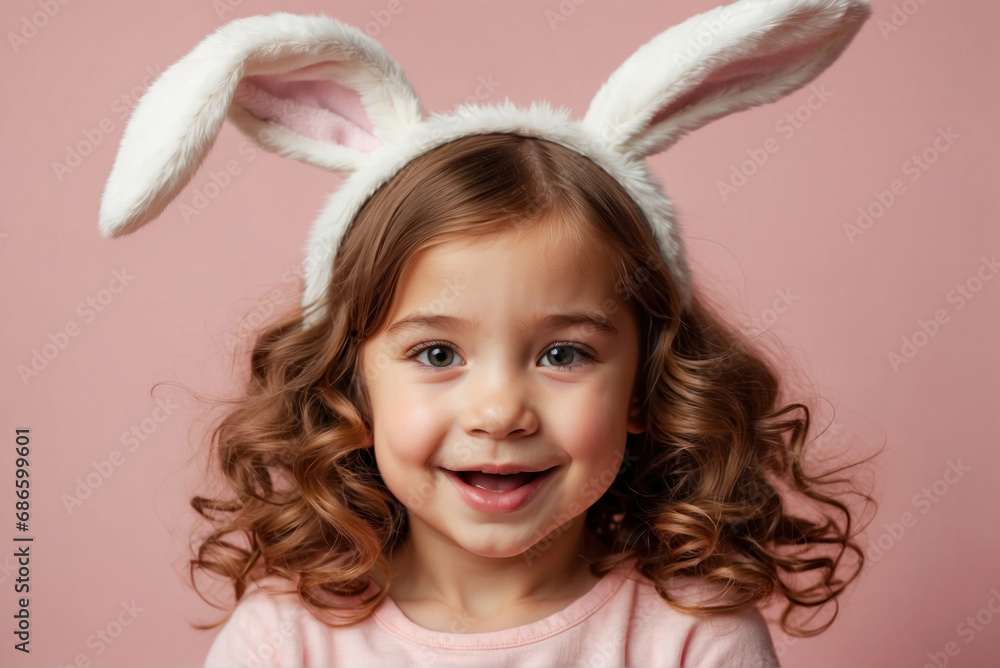 Cute little girl with bunny ears on pink background. AI generated Cute little girl with bunny ears on pink background. AI generated