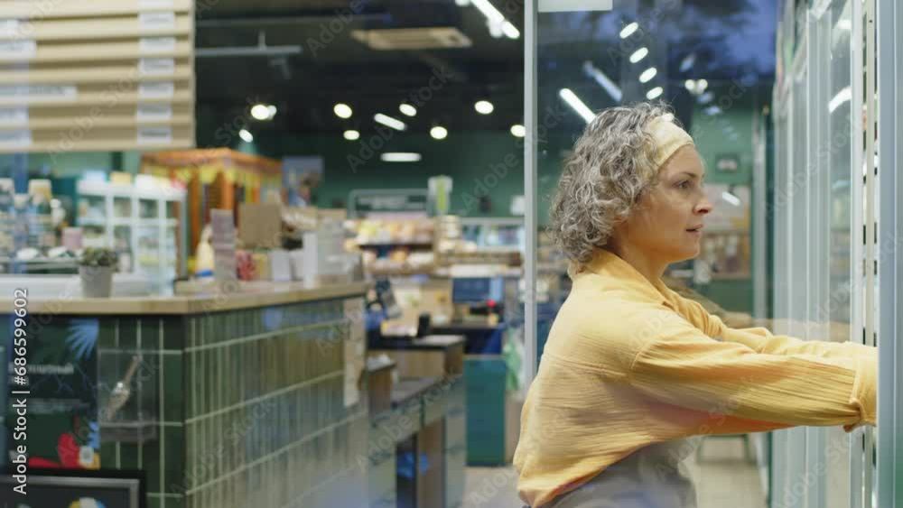 Waist up side view shot of Caucasian female supermarket worker opening fridge with readymade products and checking expiration date on packaging Waist up side view shot of Caucasian female supermarket worker opening fridge with readymade products and checking expiration date on packaging