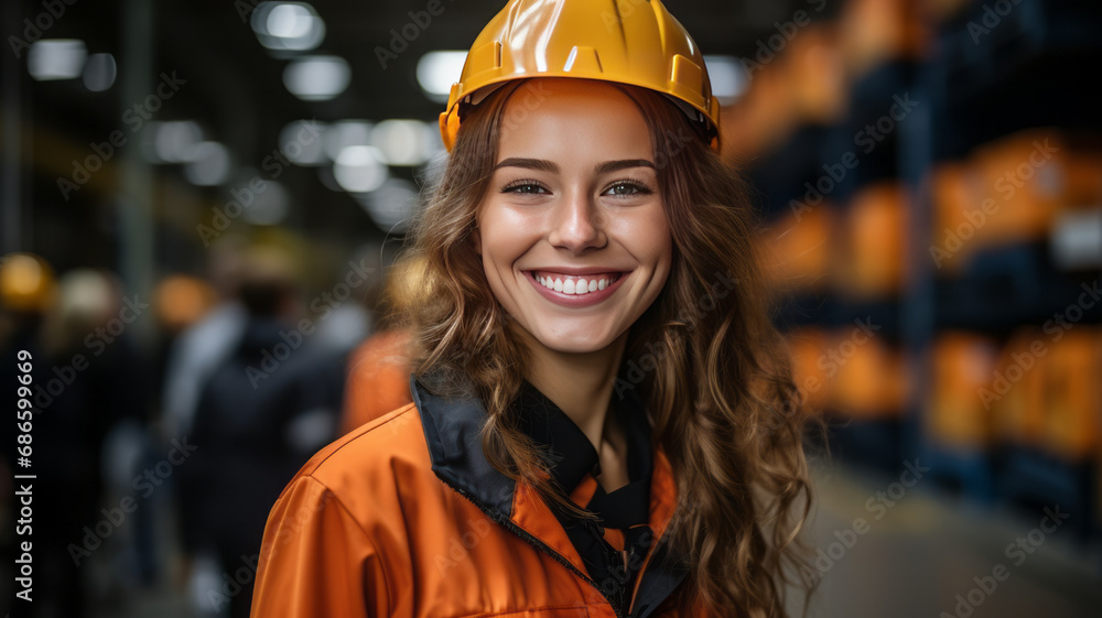 Young woman as apprentice in training in logistics profession with safety helmet - obrazy, fototapety, plakaty 