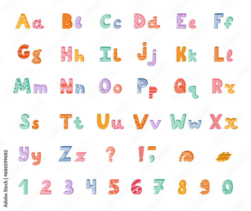 Cute funky 3d alphabet set with memphis decoration. Patterned bold font with shadow. Funny latin ABC with uppercase, lowercase letters, punctuation marks and numbers for poster, logo, headline. Cute funky 3d alphabet set with memphis decoration. Patterned bold font with shadow. Funny latin ABC with uppercase, lowercase letters, punctuation marks and numbers for poster, logo, headline.