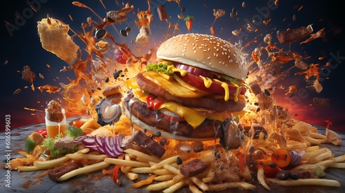 Fast food explosion with fries burgers pizza. AI Generative