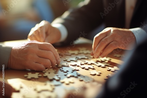 Group people putting puzzles together. Hands teamwork thinking partnership business meeting jigsaw strategy cooperation brainstorm company unity success piece join game part element mosaic logic shape photo