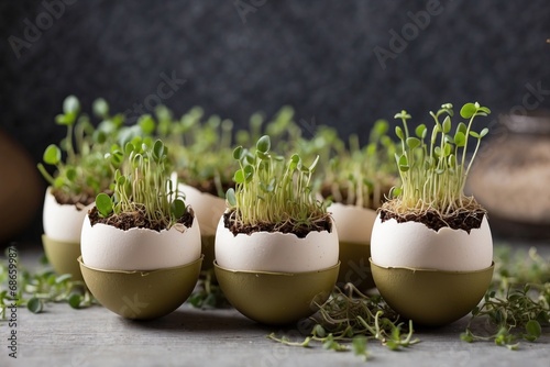 Easter eggs with microgreen sprouts. AI generated