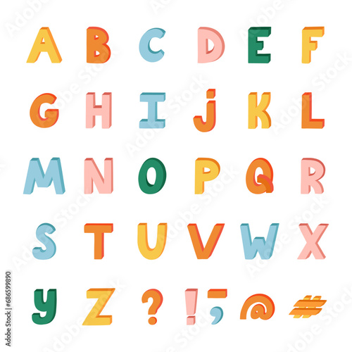 Cute funky 3d alphabet set with volume. Bold font with shadow. Funny latin ABC with uppercase letters and punctuation marks for cover  logotype  festival headline  greeting card  poster design.