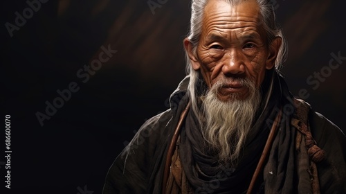 Ethnic heritage Portrait of the old man with a wise look in national clothes photo