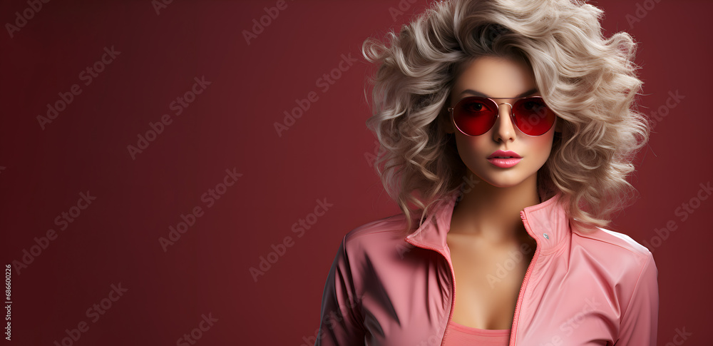 Young sporty blond girl in 80s style. Banner, copy space