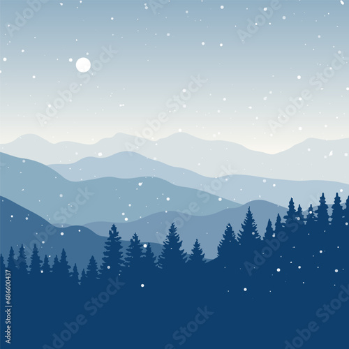 Winter tree landscape with snow falling